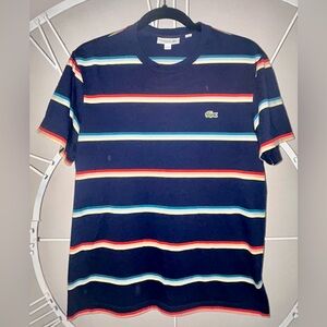 Lacoste Navy Short-Sleeve Tee with Red, Light Blue & Cream Stripes